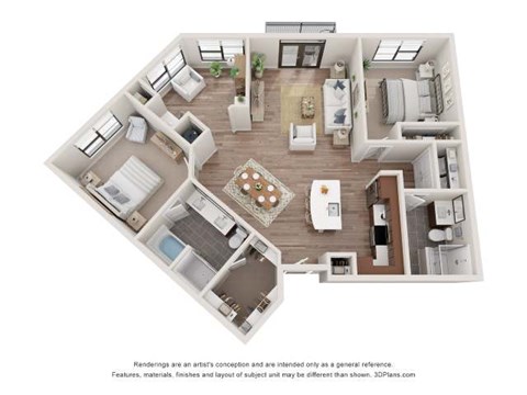 Floor plan for 2 beds, 2 baths, 1245 sqft
